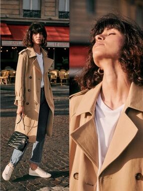 Sezane • Scott Trench Coat Camel tan khaki canvas belted jacket double-breasted